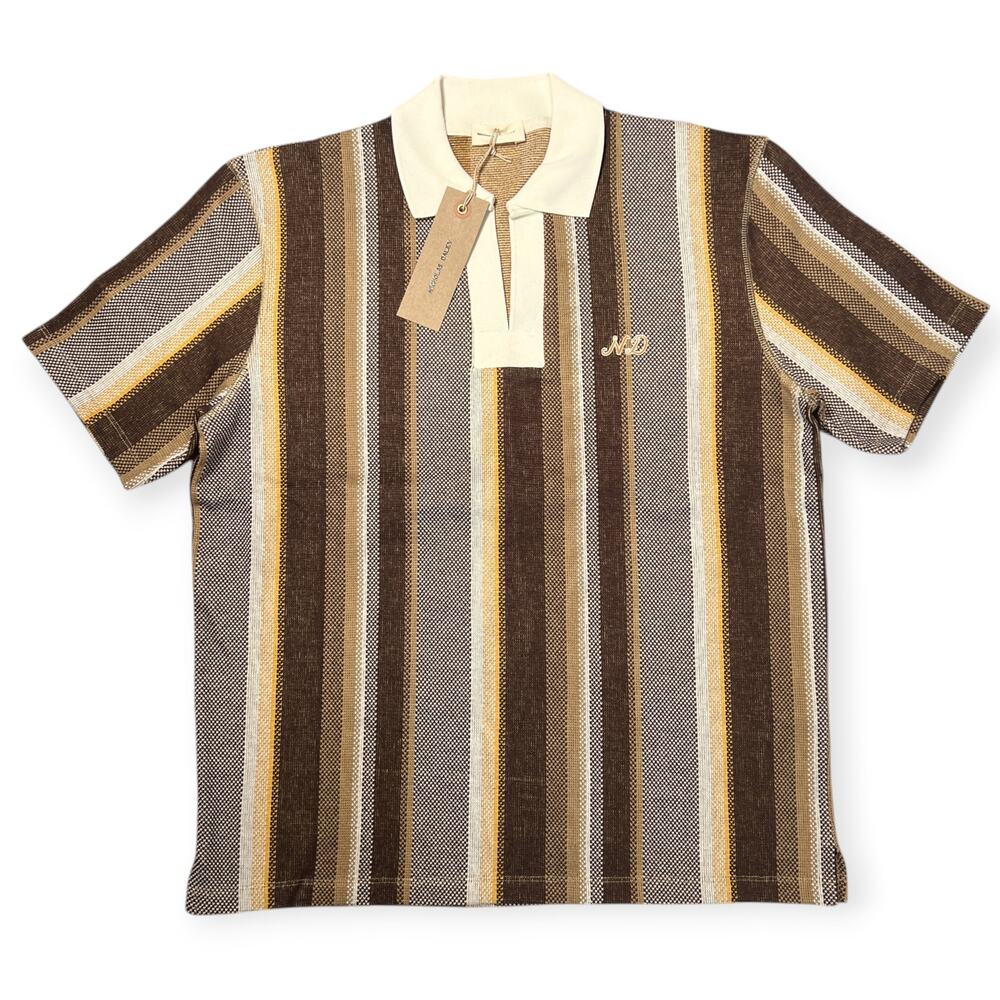 Nicholas Daley Striped Cotton Polo Shirt NWT SIZE L Brown Ecru Mustard Portugal